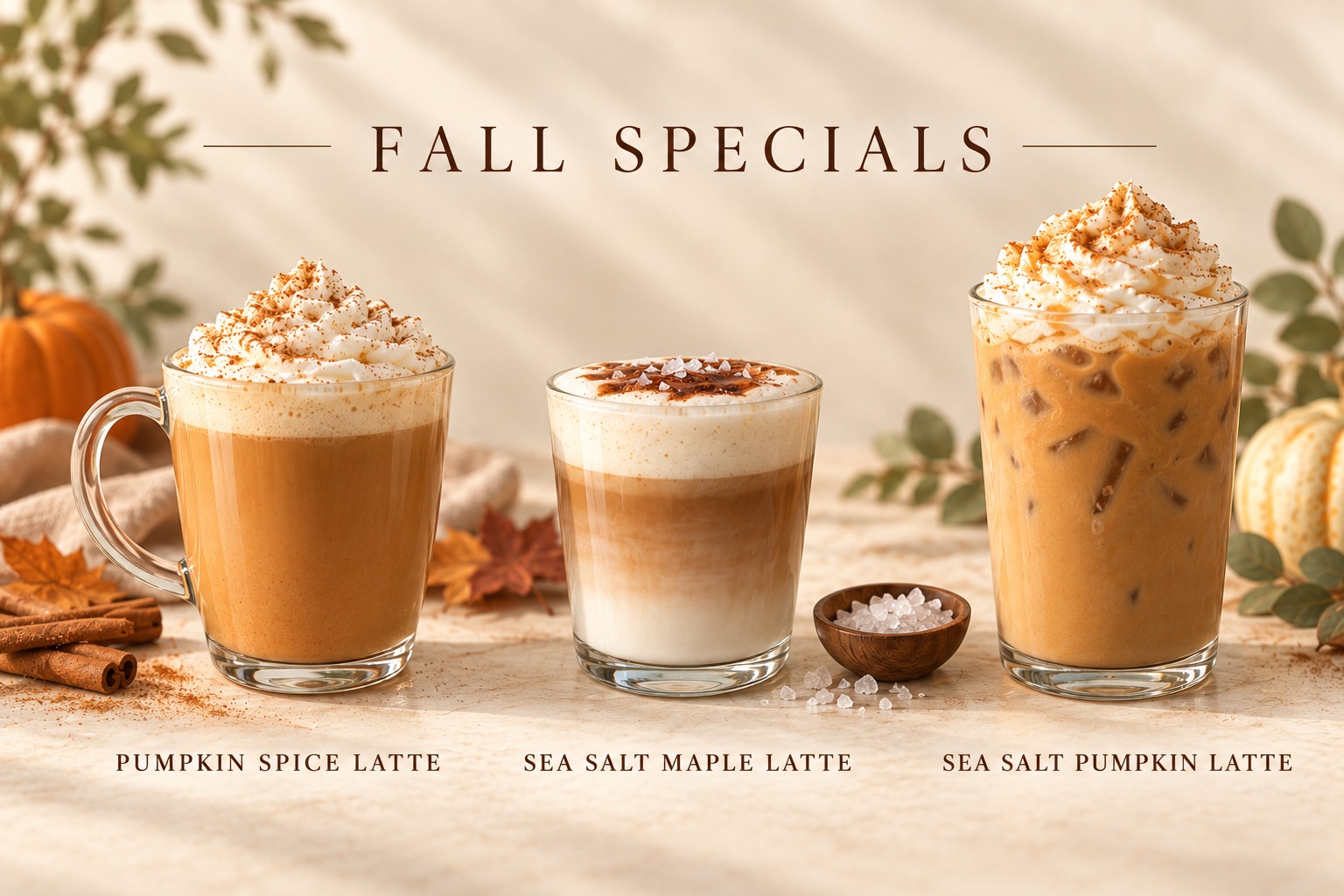 Three fall-special drinks: pumpkin spice, sea salt maple, and sea salt pumpkin lattes